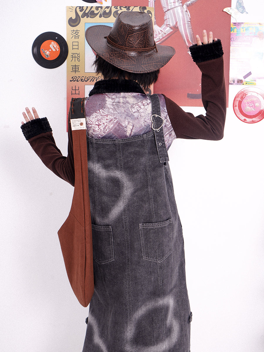 Heart Denim Long One-Piece Jumper-Skirt