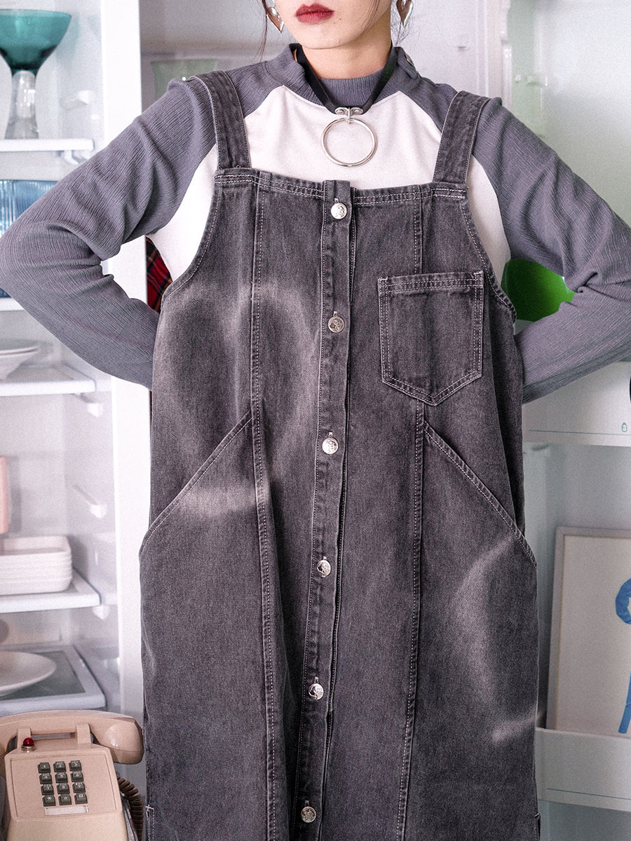 Heart Denim Long One-Piece Jumper-Skirt