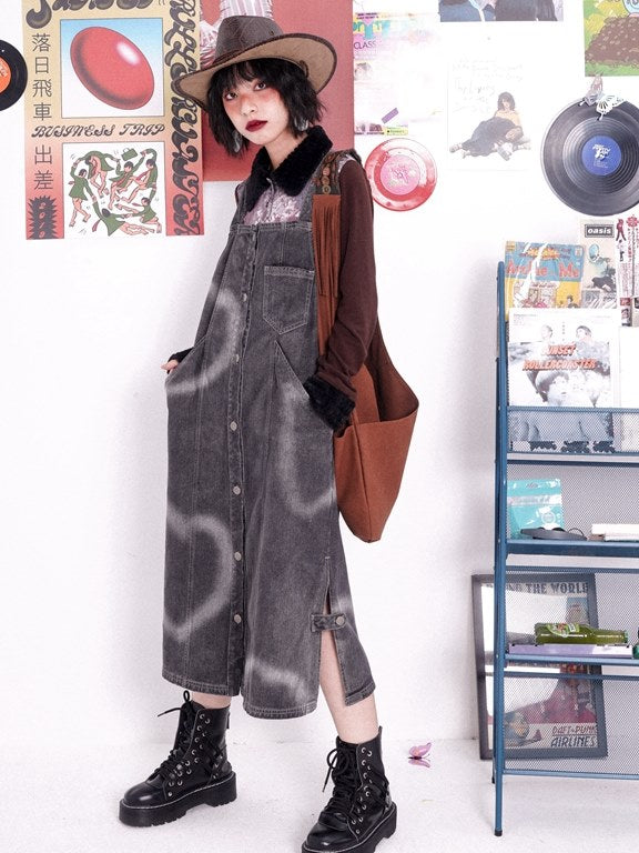 Heart Denim Long One-Piece Jumper-Skirt