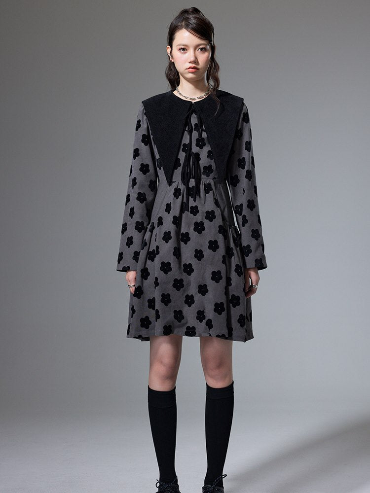 플레어 플라워 트라이앵글 칼라 레트로 여성용 원피스