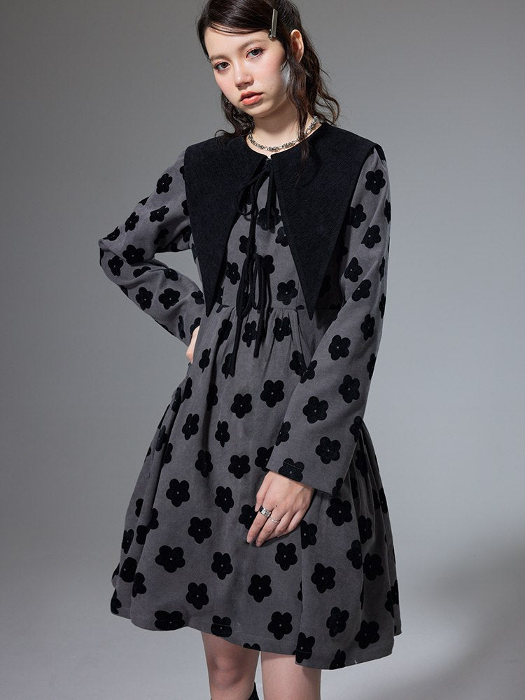 플레어 플라워 트라이앵글 칼라 레트로 여성용 원피스