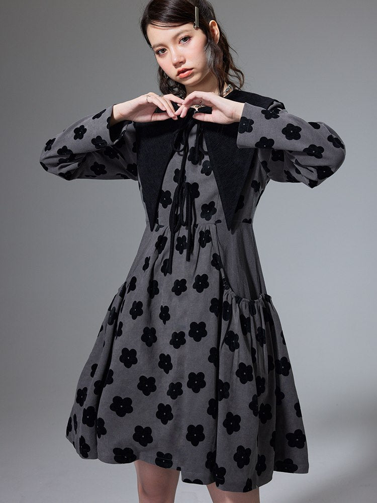 플레어 플라워 트라이앵글 칼라 레트로 여성용 원피스