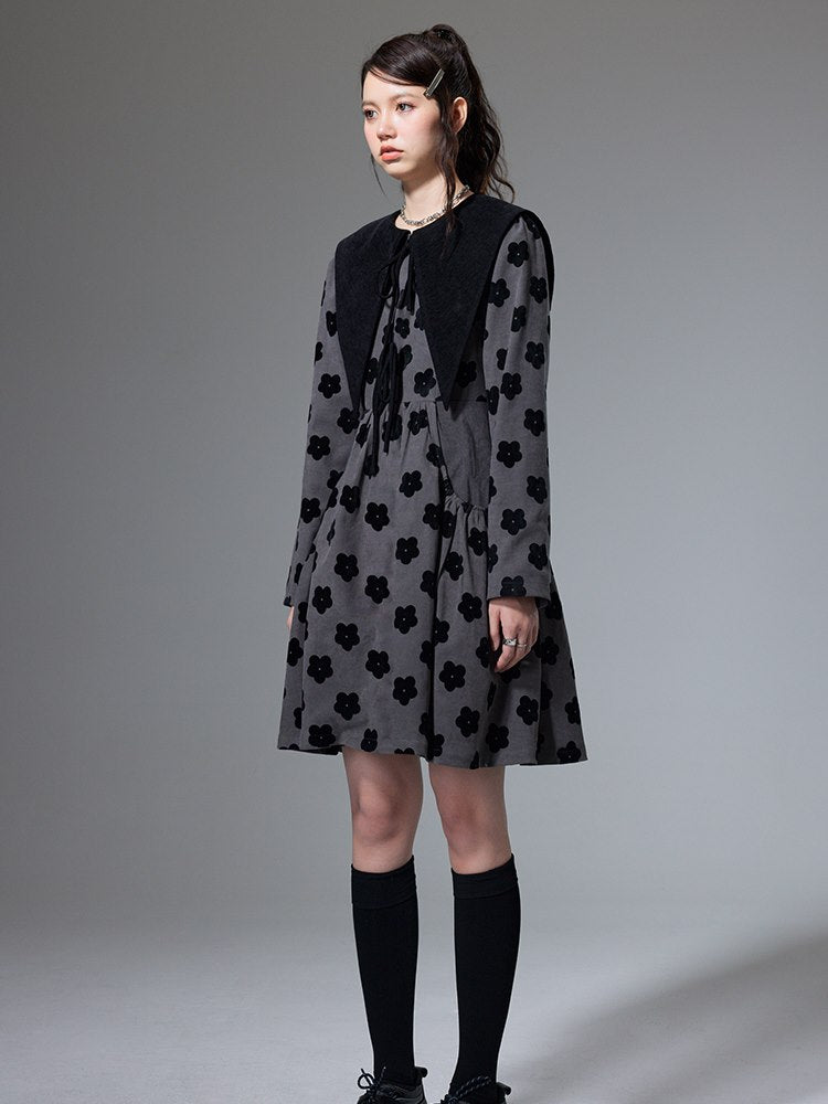 플레어 플라워 트라이앵글 칼라 레트로 여성용 원피스