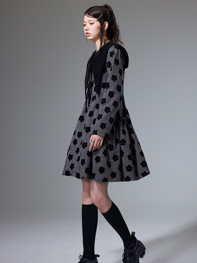 플레어 플라워 트라이앵글 칼라 레트로 여성용 원피스