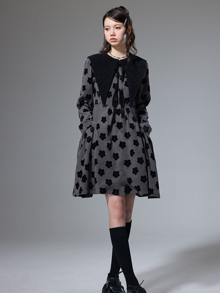 플레어 플라워 트라이앵글 칼라 레트로 여성용 원피스