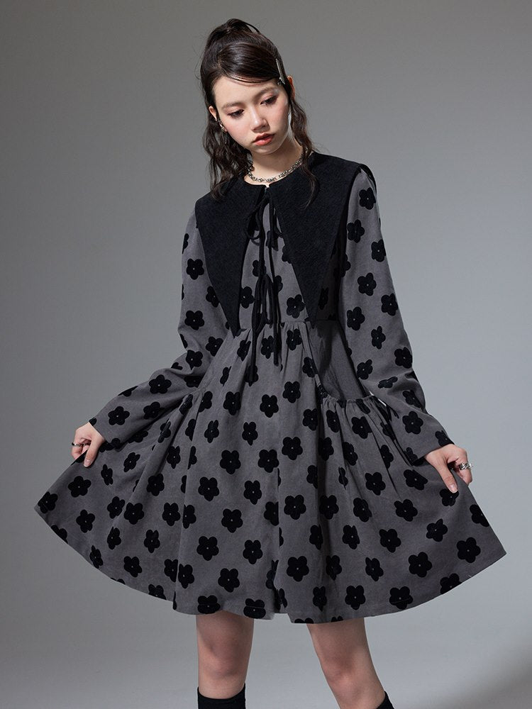 플레어 플라워 트라이앵글 칼라 레트로 여성용 원피스
