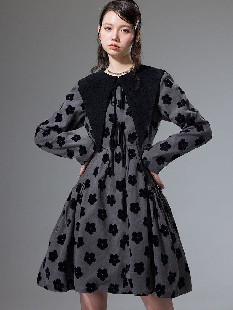플레어 플라워 트라이앵글 칼라 레트로 여성용 원피스
