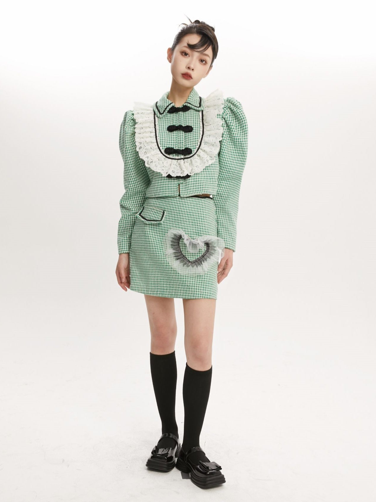 니치 격동 레이스 프릴 블라우스 스커트