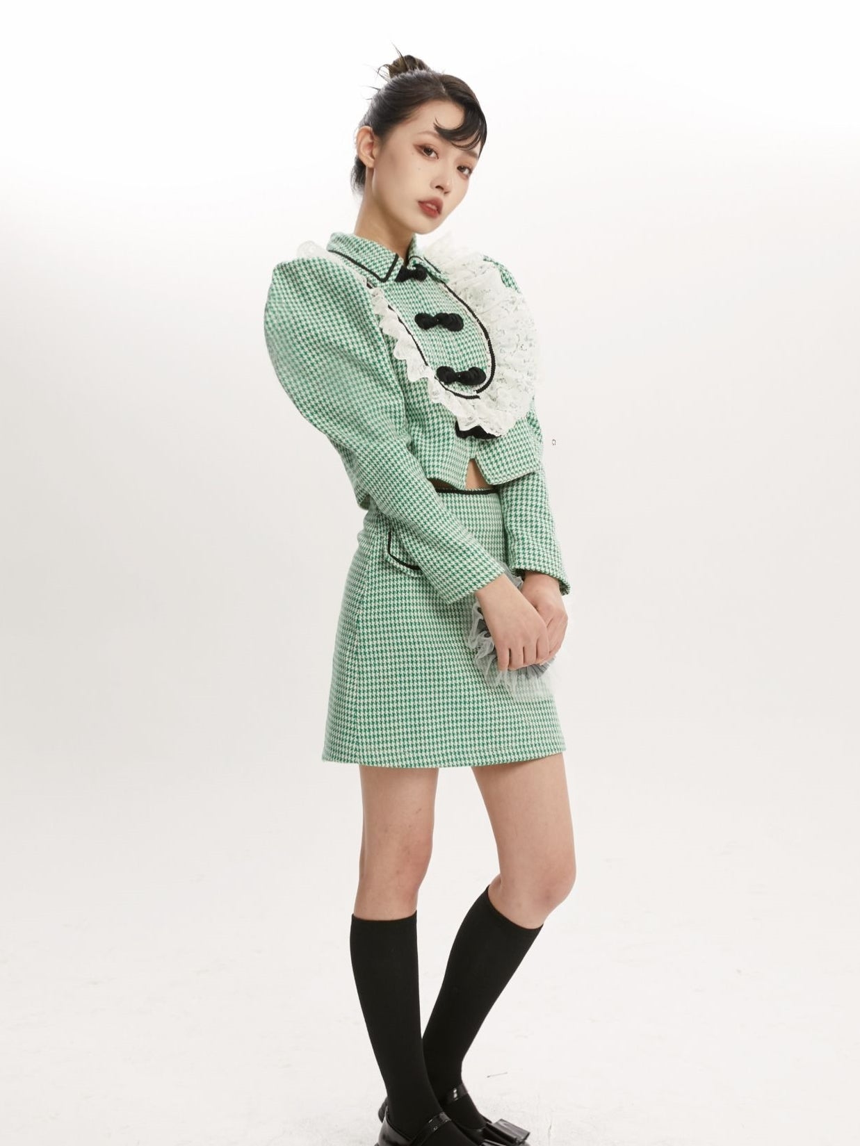 니치 격동 레이스 프릴 블라우스 스커트