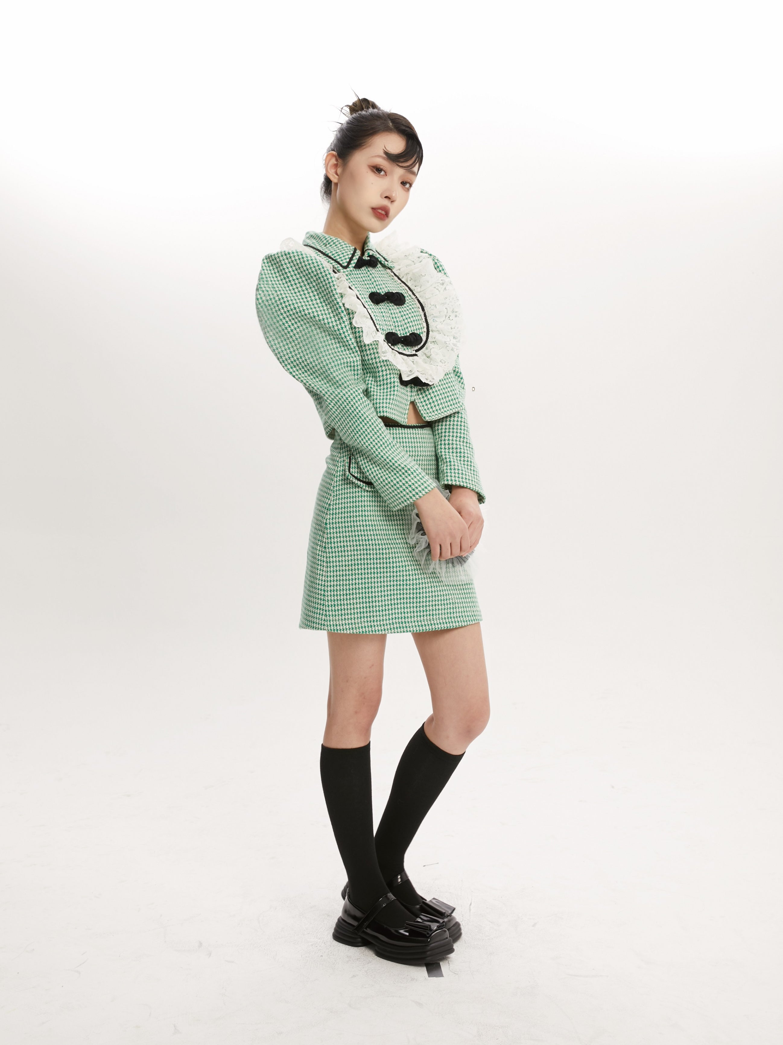 니치 격동 레이스 프릴 블라우스 스커트