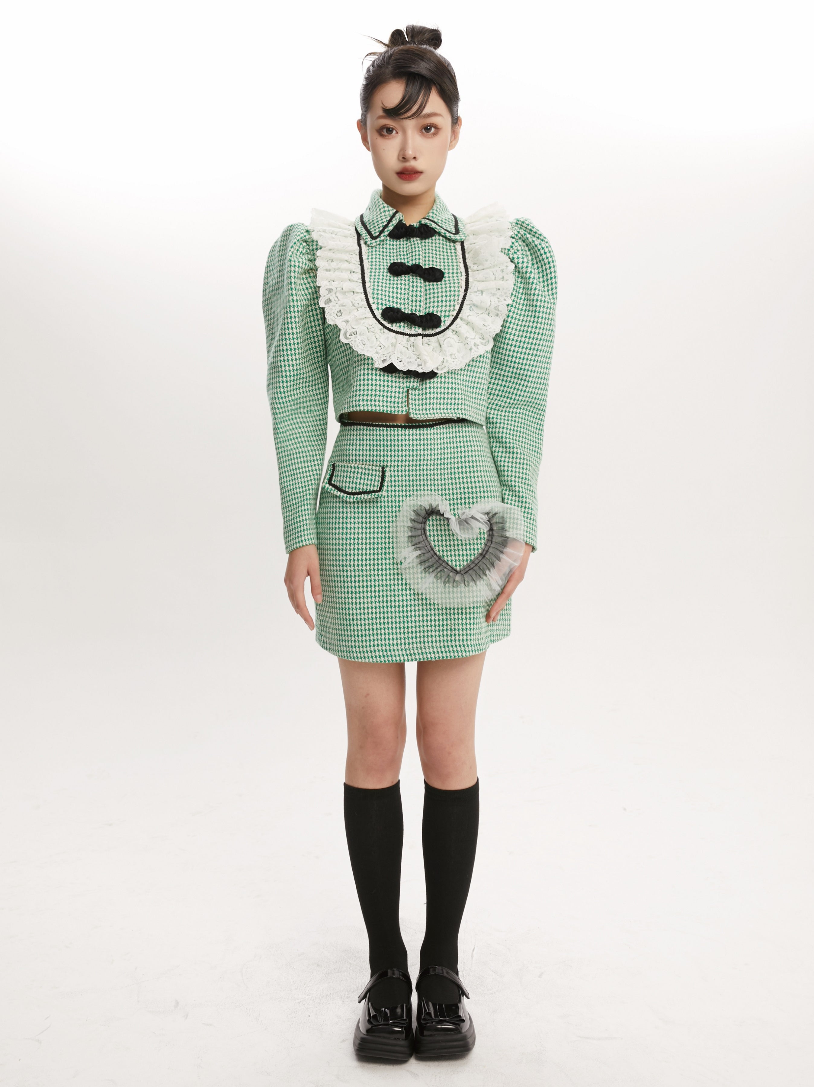 니치 격동 레이스 프릴 블라우스 스커트