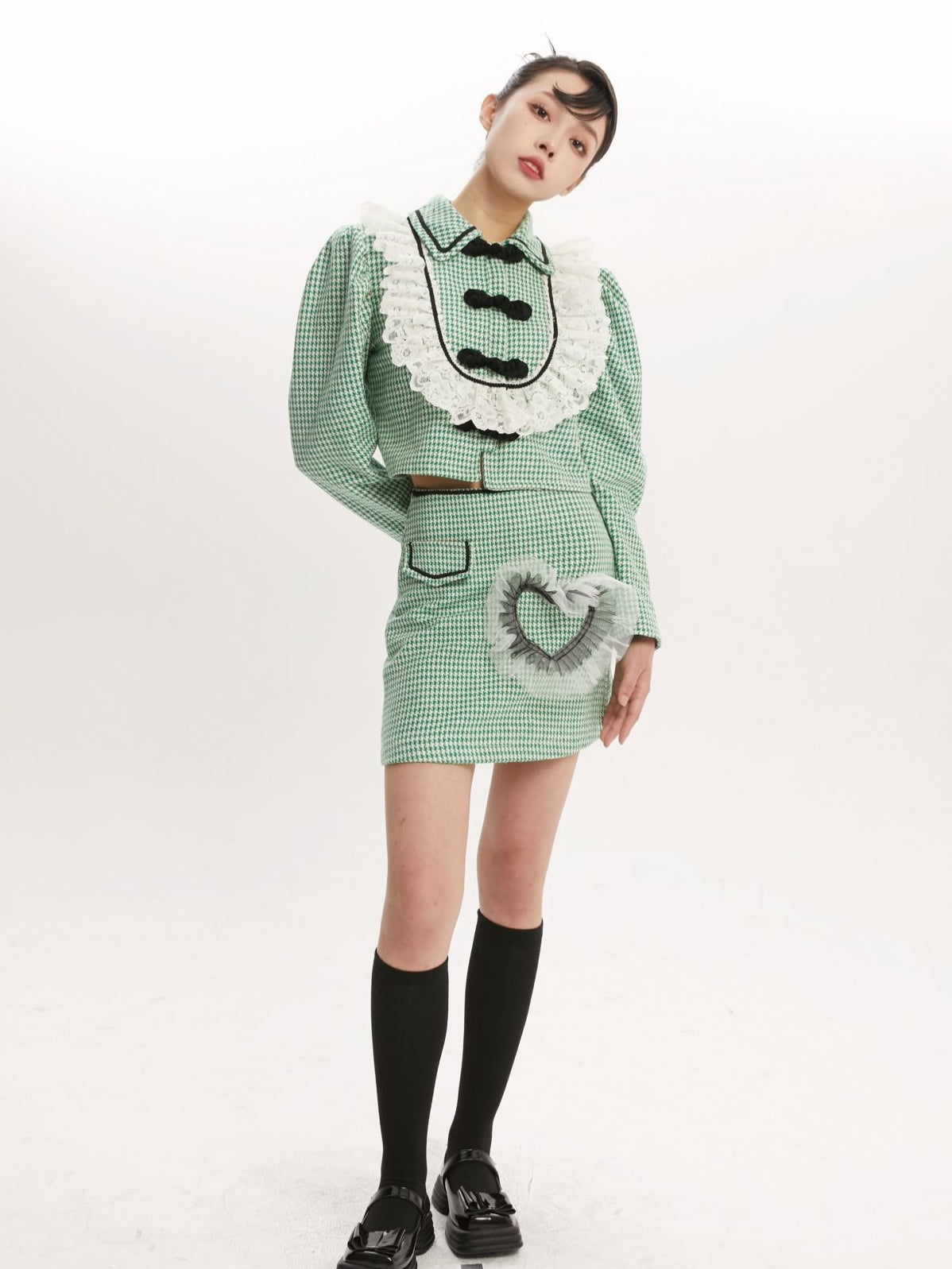 니치 격동 레이스 프릴 블라우스 스커트