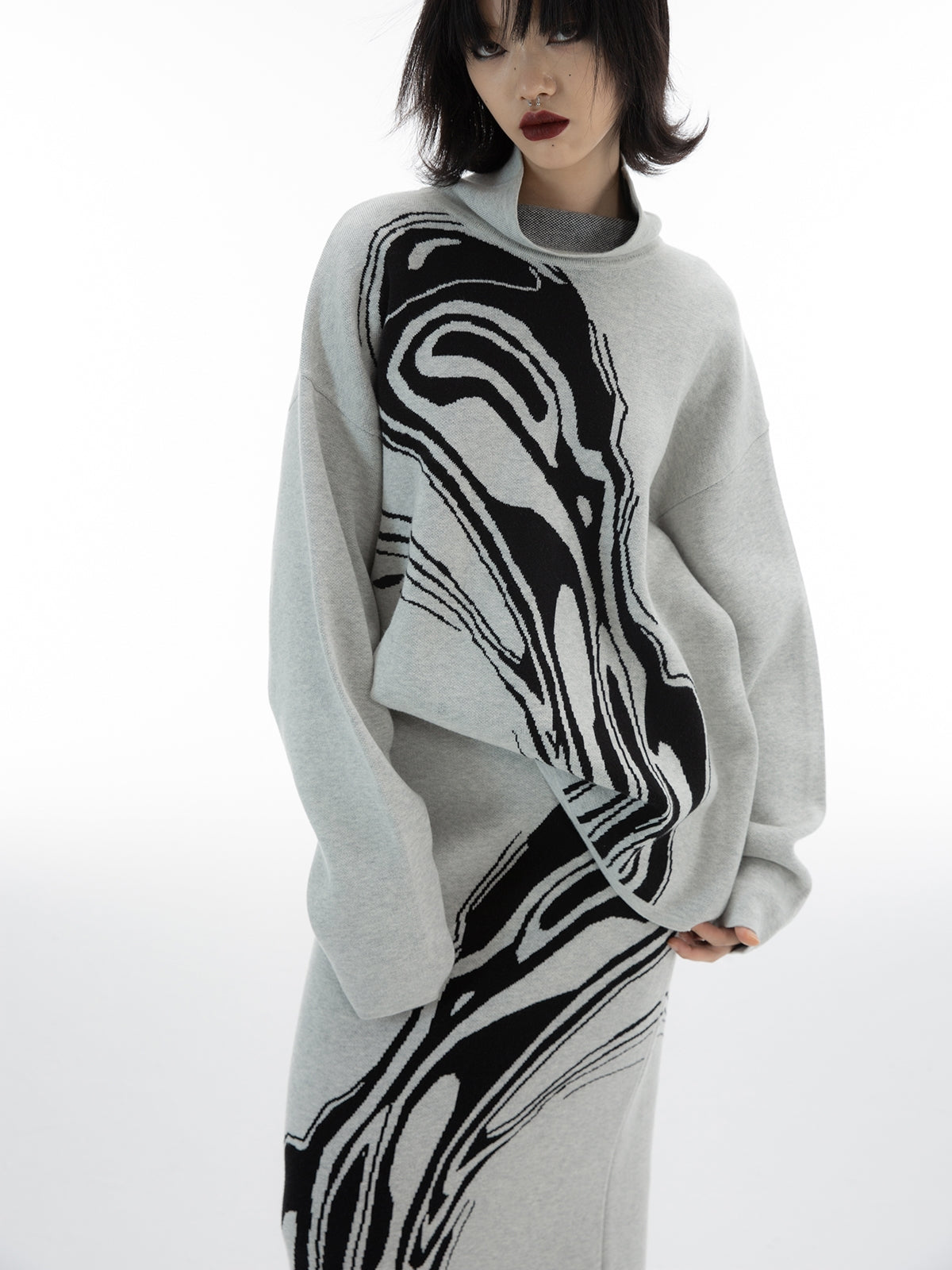 대리석 니트 레트로 성숙한 상판 및 스커트