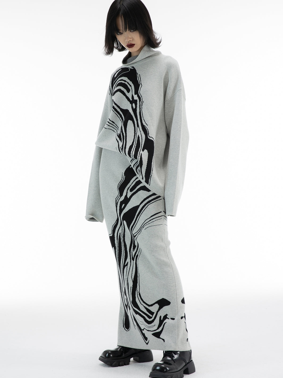 대리석 니트 레트로 성숙한 상판 및 스커트