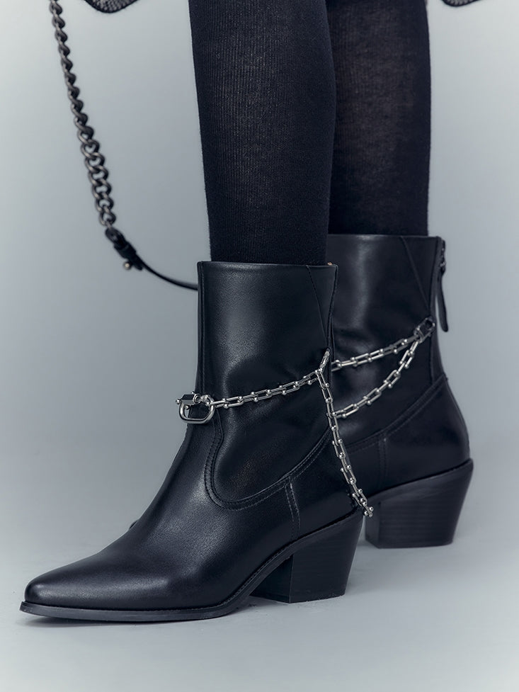 Chain Leather Low-heel Short-Boots