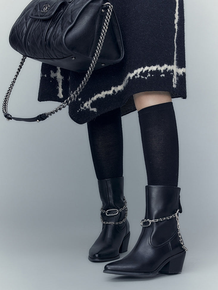 Chain Leather Low-heel Short-Boots