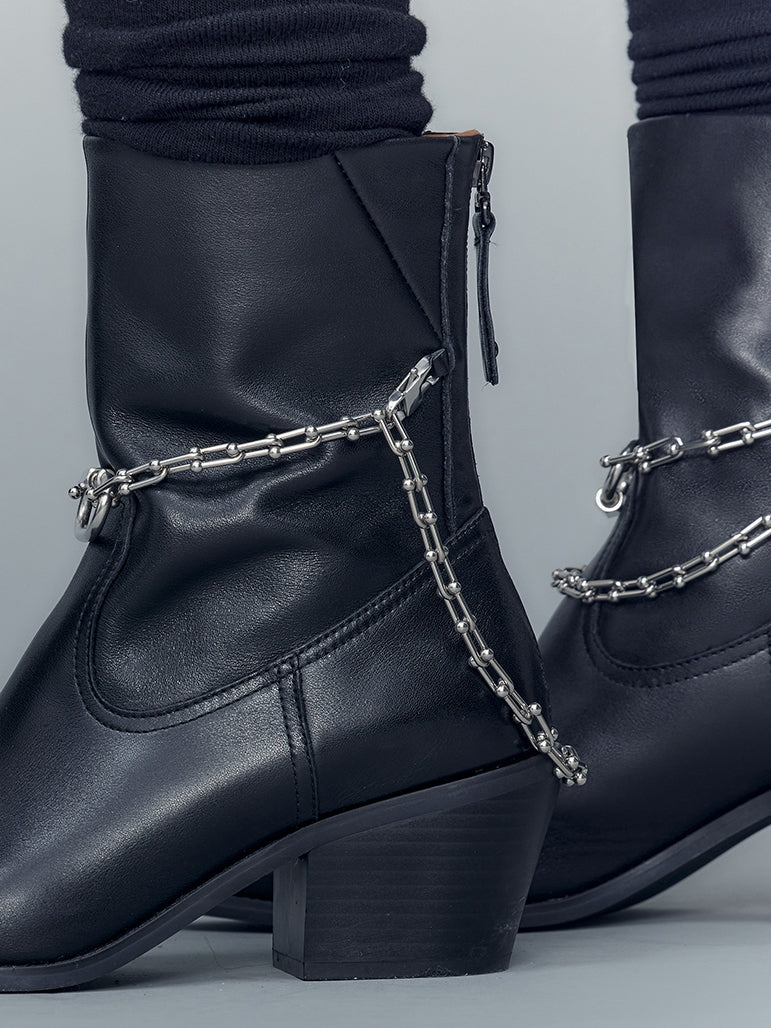 Chain Leather Low-heel Short-Boots