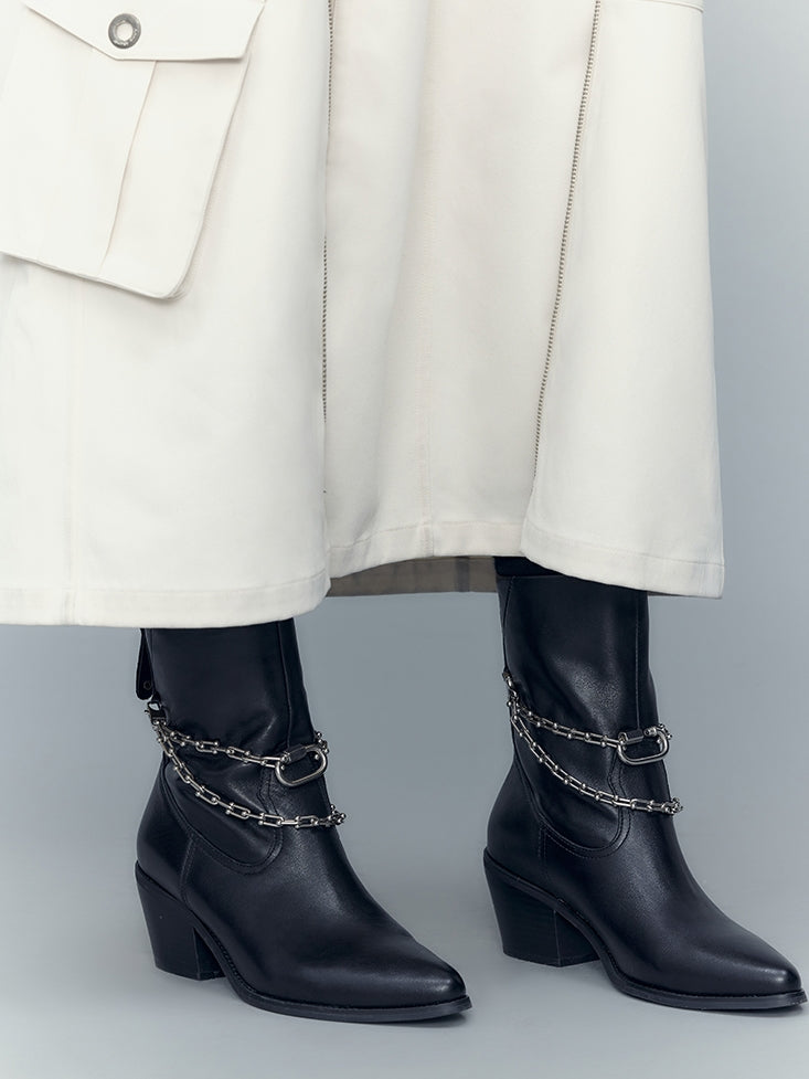 Chain Leather Low-heel Short-Boots