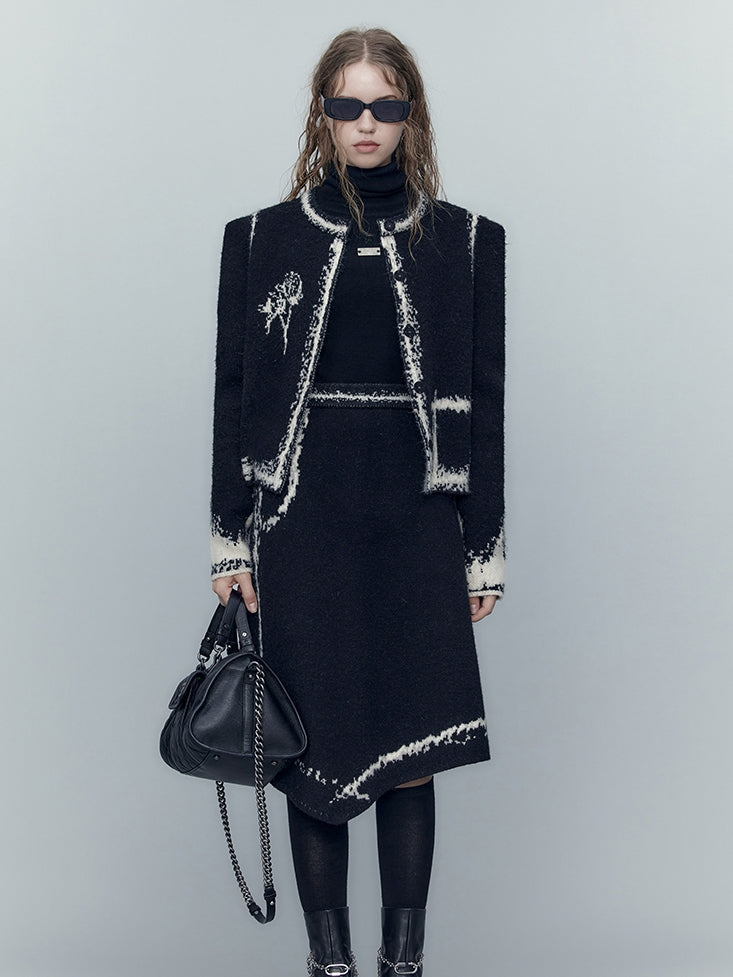 Knit Modest No-Collar Elegant Jacket&Skirt