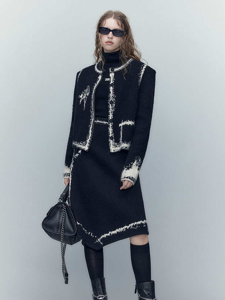 Knit Modest No-Collar Elegant Jacket&Skirt