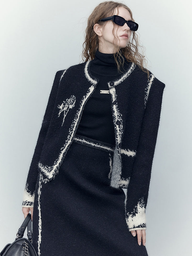 Knit Modest No-Collar Elegant Jacket&Skirt