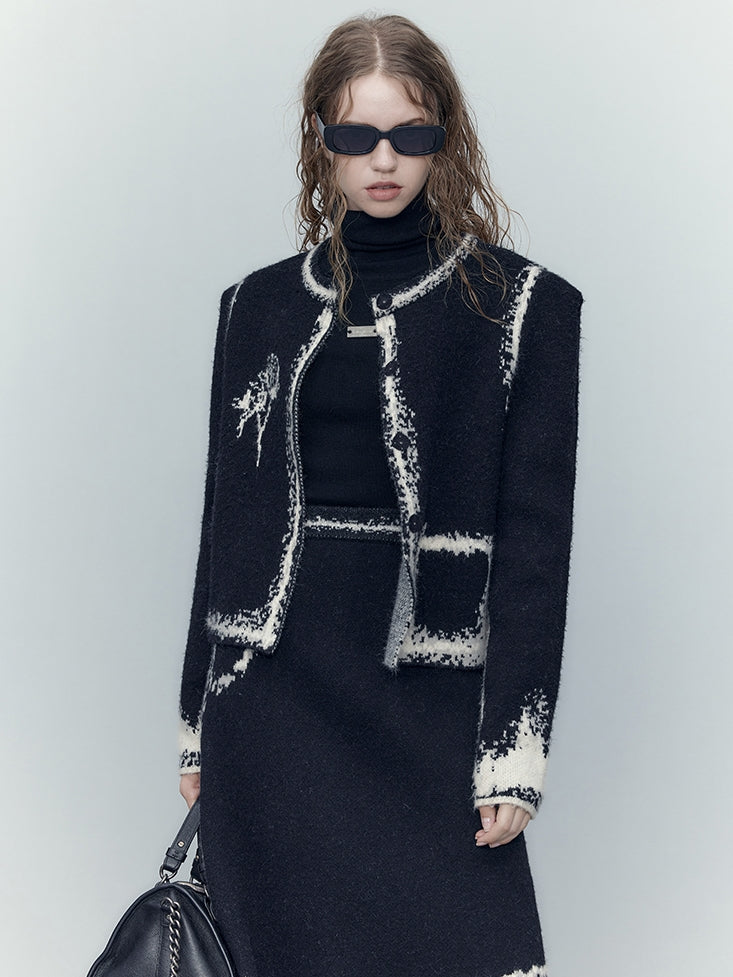 Knit Modest No-Collar Elegant Jacket&Skirt