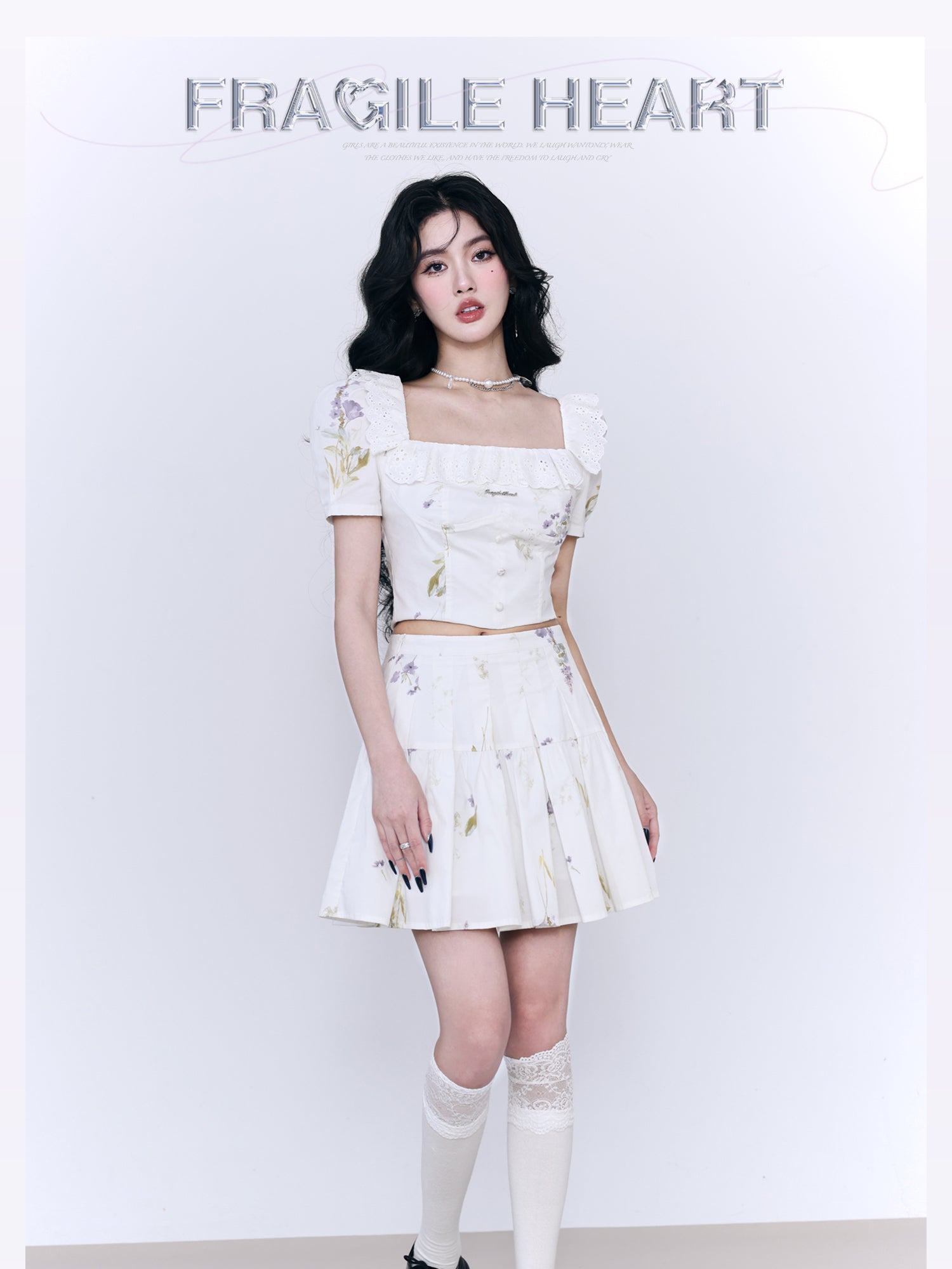Lace Flower Natural Frill Girly PLEATS BLOUSE & SHORT-SKIRT
