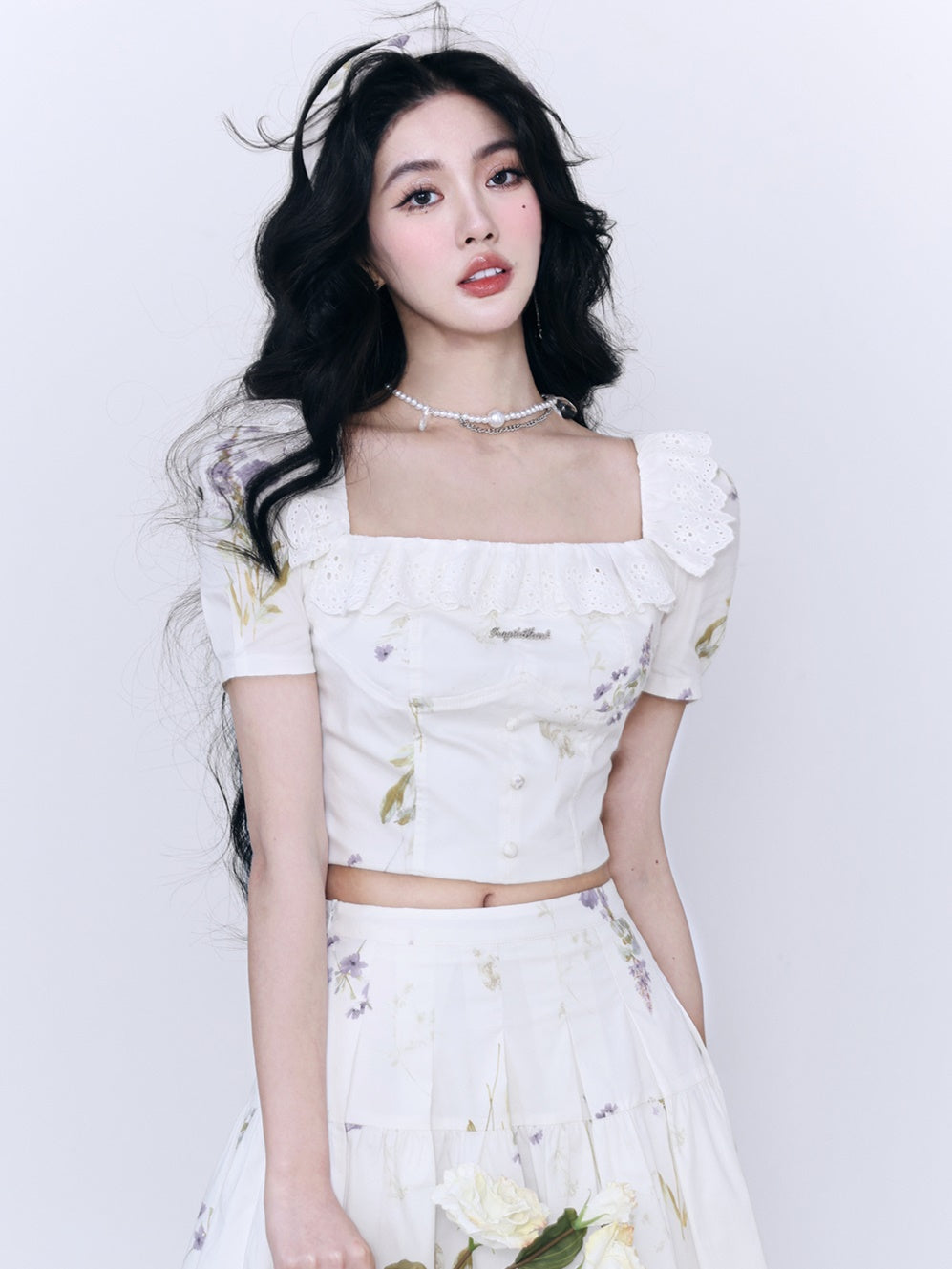 Lace Flower Natural Frill Girly PLEATS BLOUSE & SHORT-SKIRT