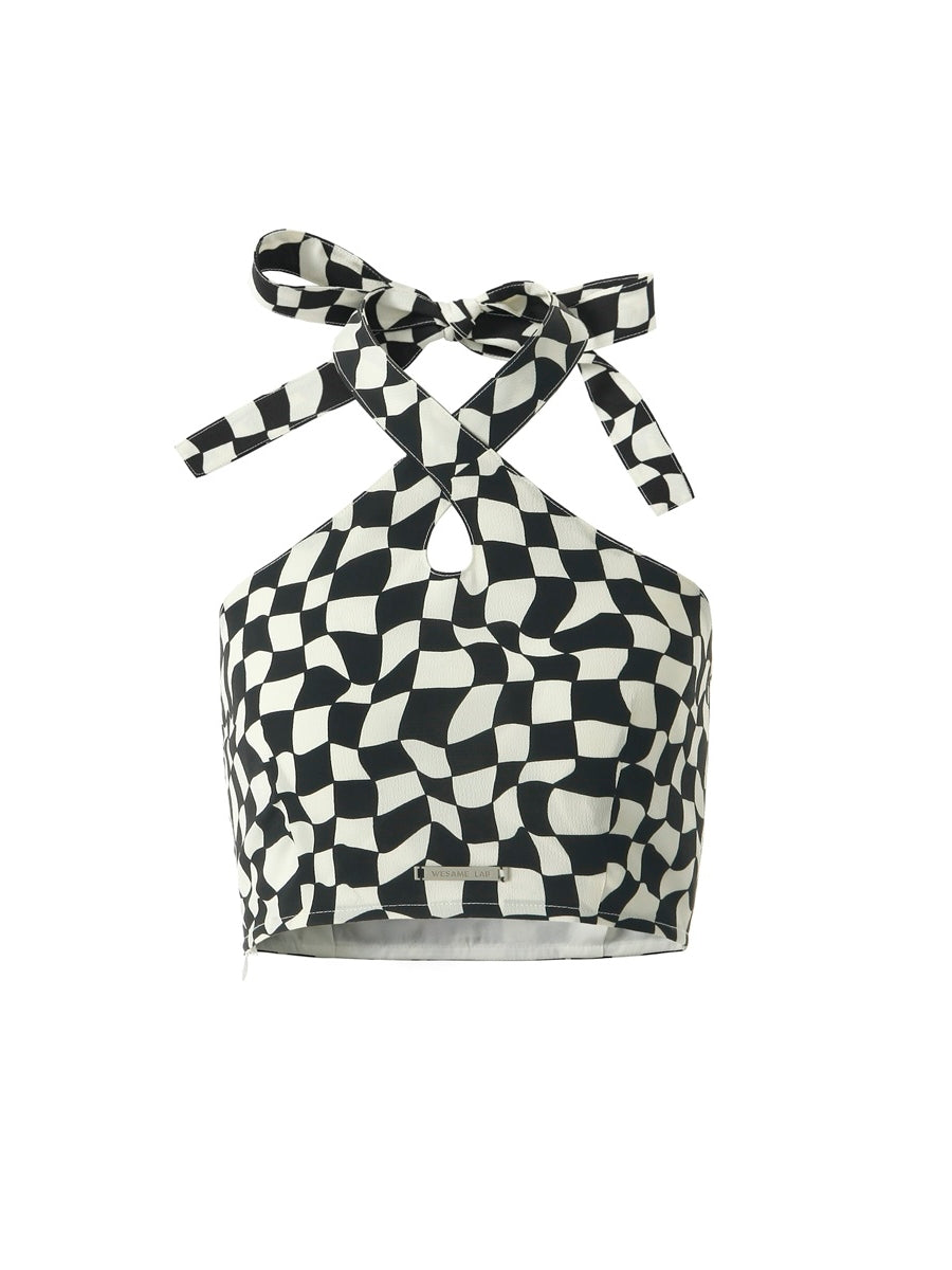 BLOCK-CHECK HALTER-NECK SHORT TOPS