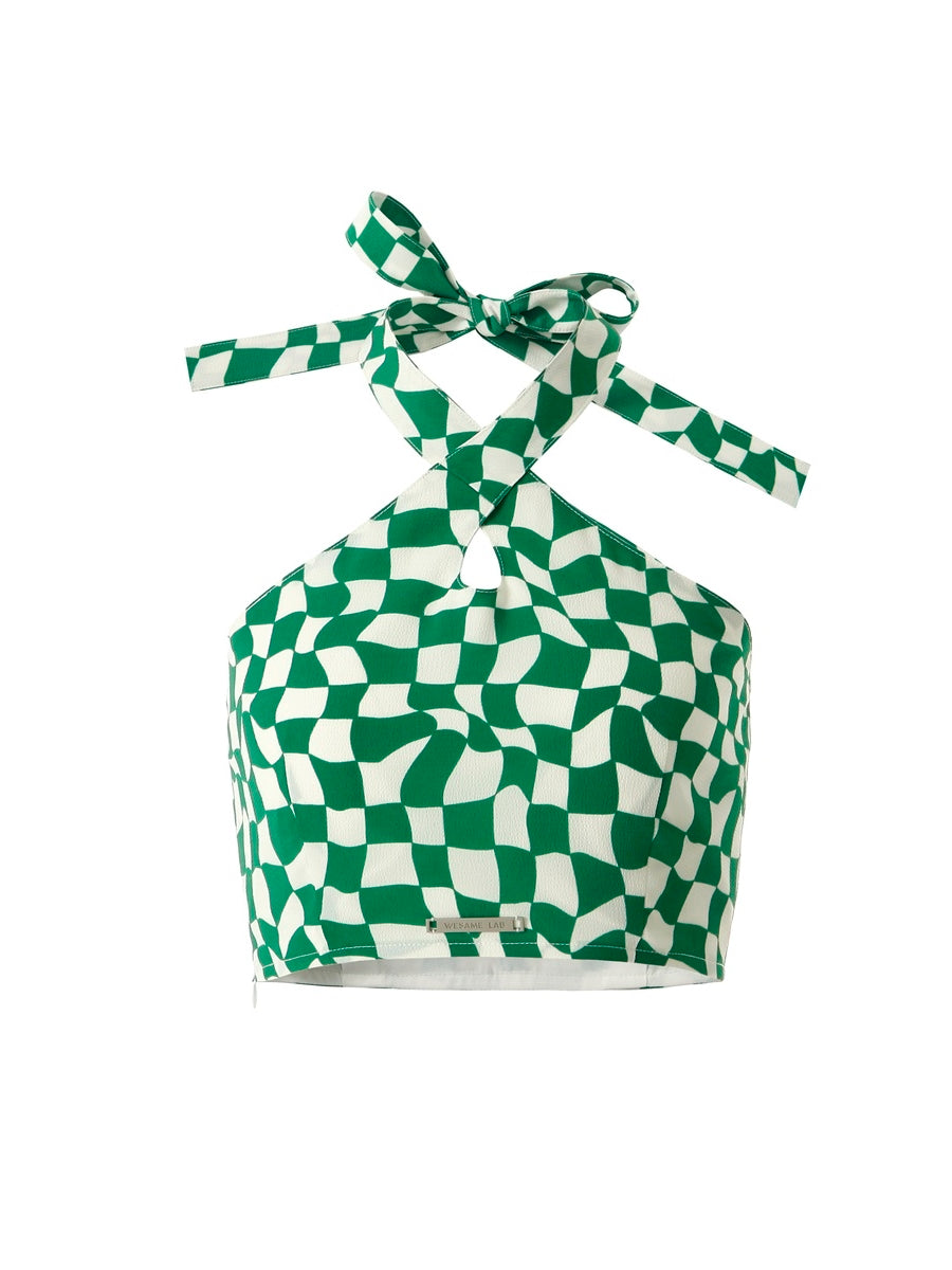 BLOCK-CHECK HALTER-NECK SHORT TOPS