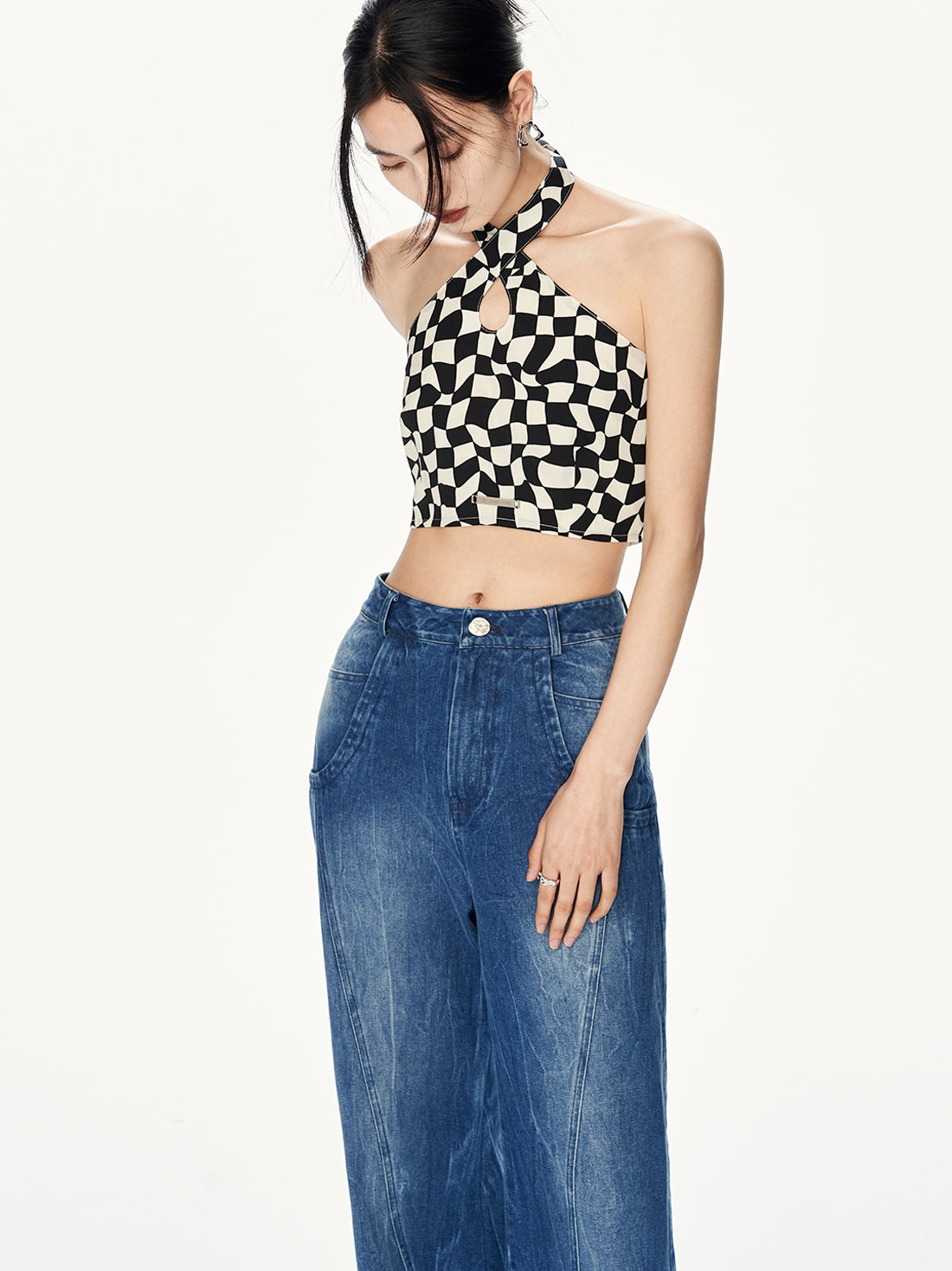 BLOCK-CHECK HALTER-NECK SHORT TOPS