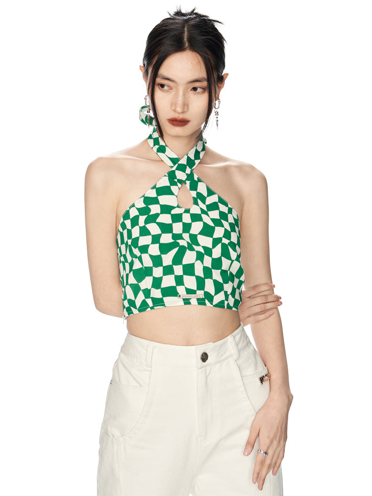 BLOCK-CHECK HALTER-NECK SHORT TOPS