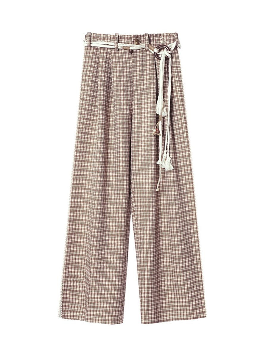 Plaid Rope Mature Modest Wide Pants