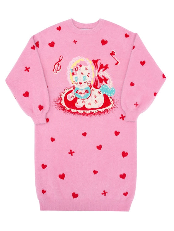 핑크 러브 고양이 스웨터 스커트