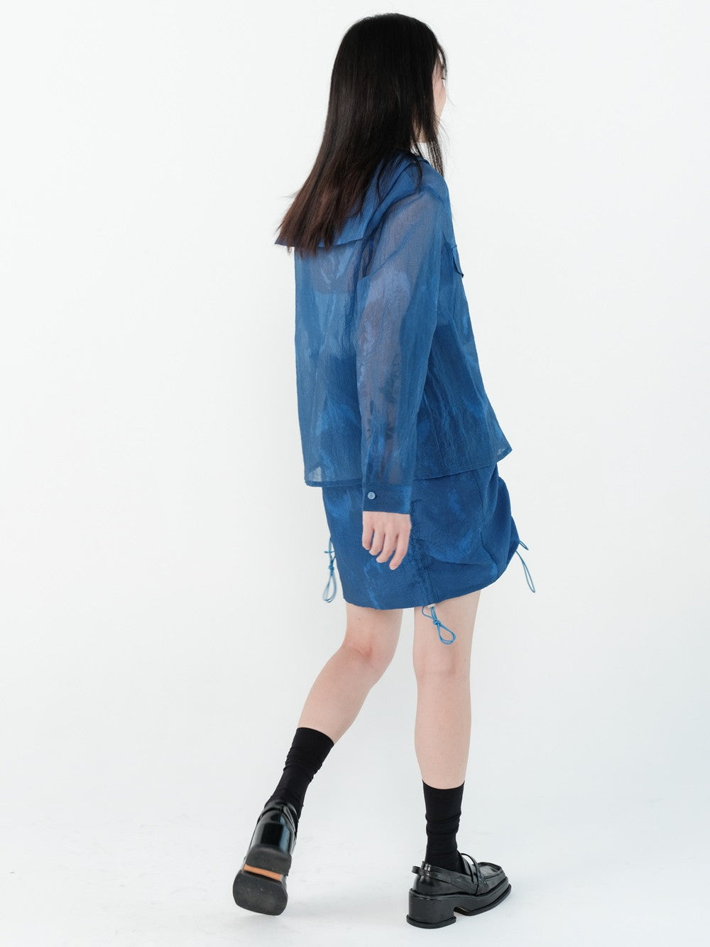 Hoodie Drawstring Sheer Tops&Skirt