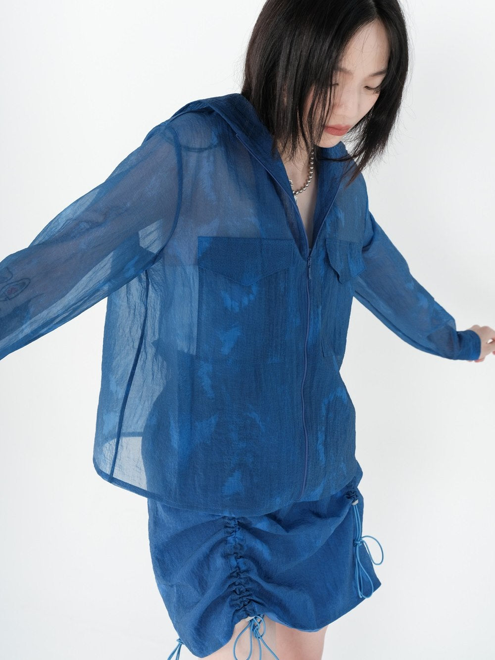Hoodie Drawstring Sheer Tops&Skirt