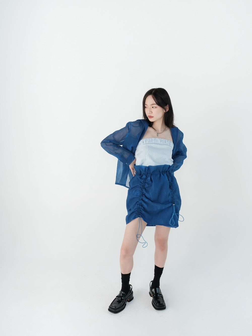 Hoodie Drawstring Sheer Tops&Skirt