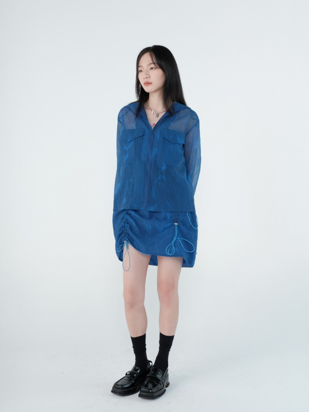 Hoodie Drawstring Sheer Tops&Skirt