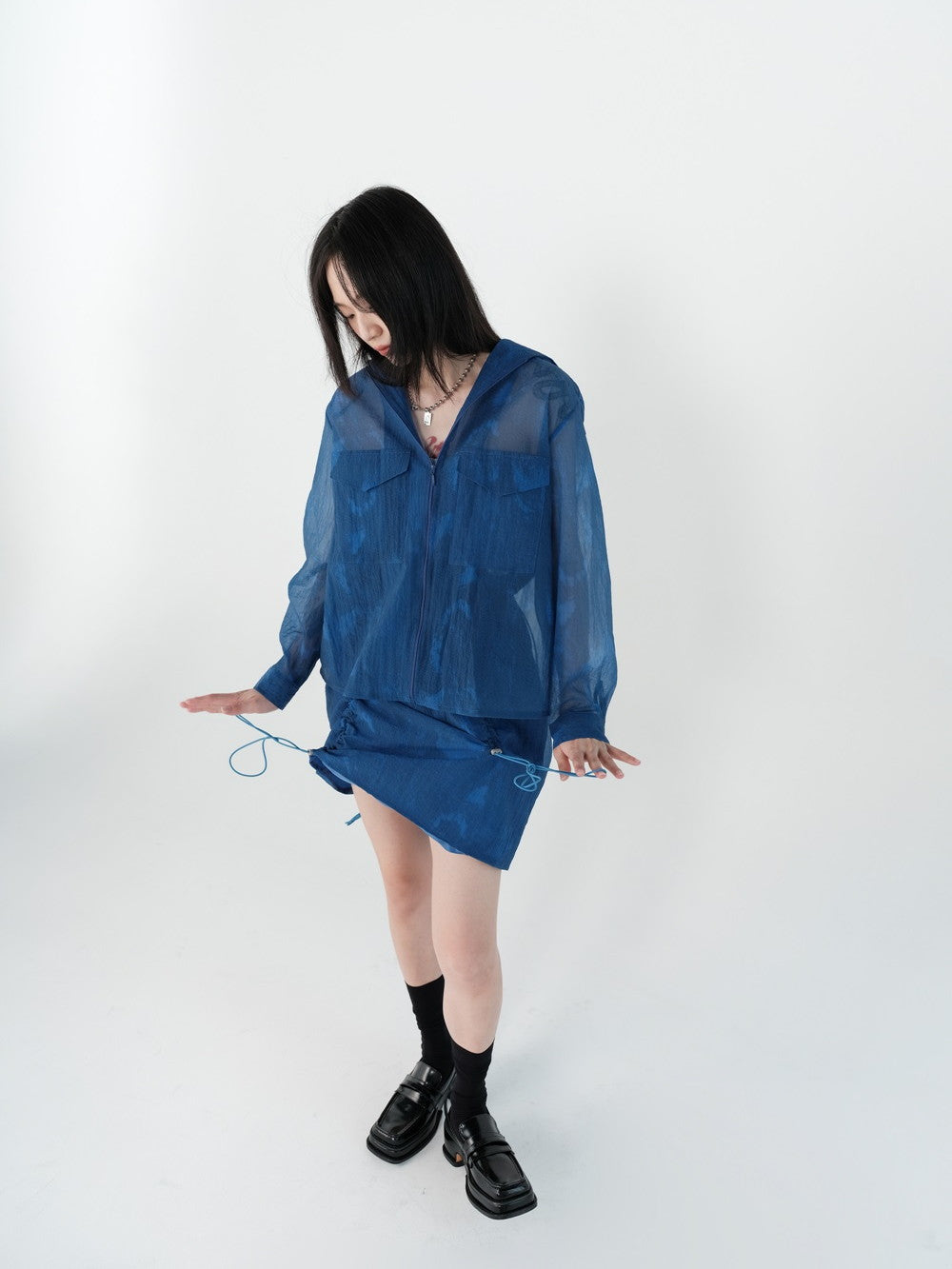 Hoodie Drawstring Sheer Tops&Skirt