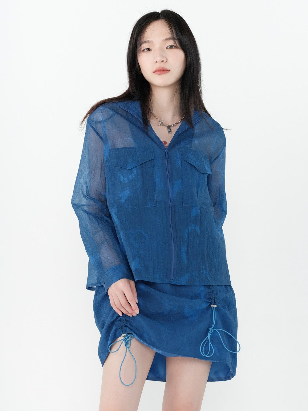 Hoodie Drawstring Sheer Tops&Skirt