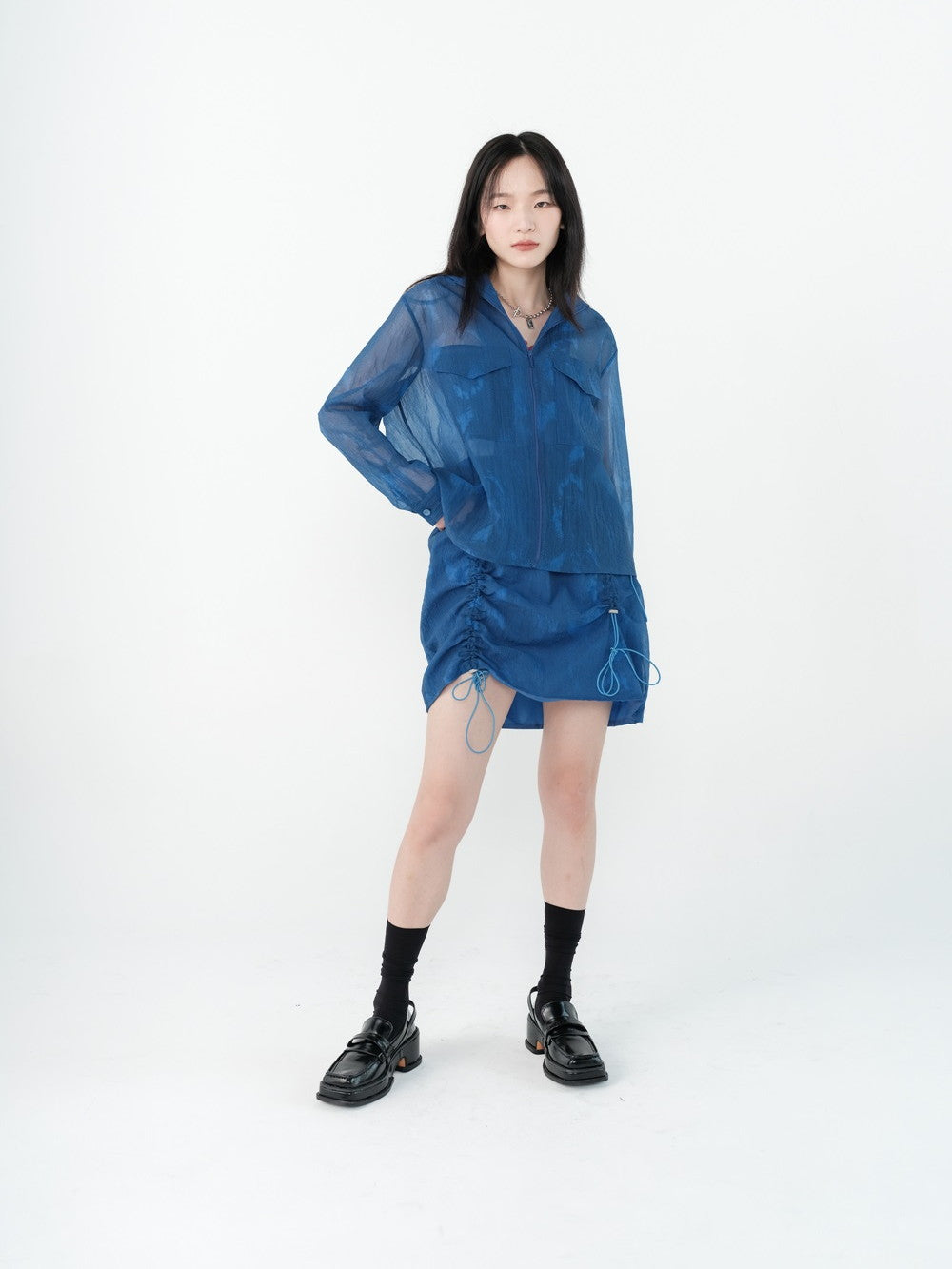 Hoodie Drawstring Sheer Tops&Skirt