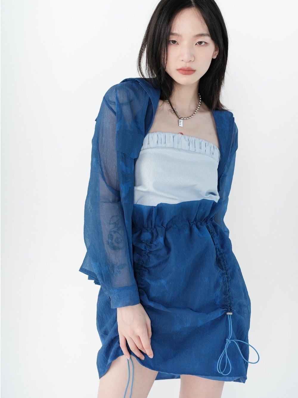 Hoodie Drawstring Sheer Tops&Skirt