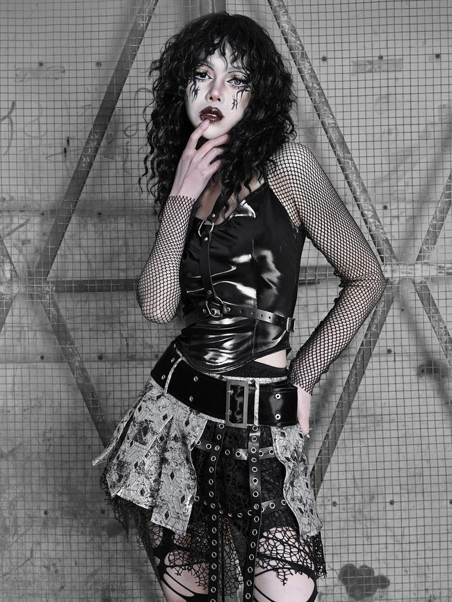 Gothic Leather Mesh Belt Tops