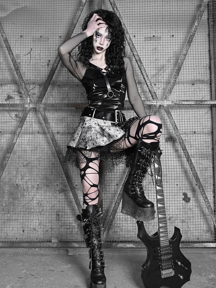 Gothic Leather Mesh Belt Tops