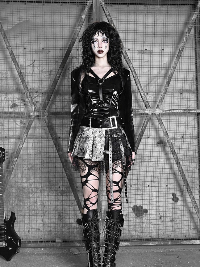 Gothic Leather Mesh Belt Tops
