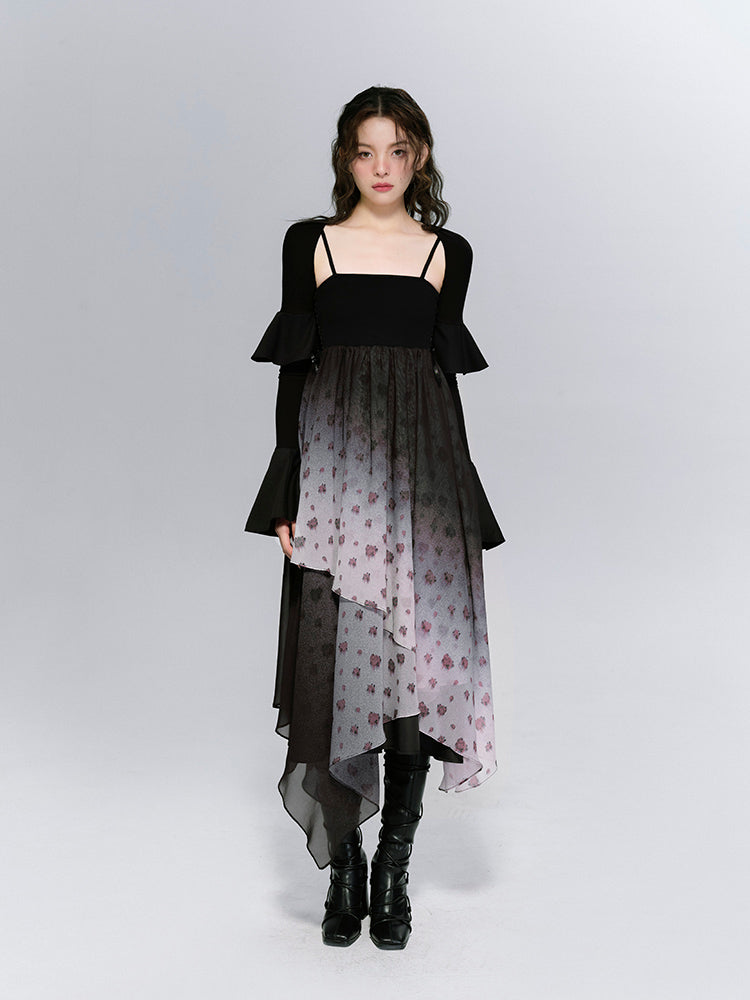 CIFFON Gradation Asymmetry Flower Blouse & ONE-PIECE