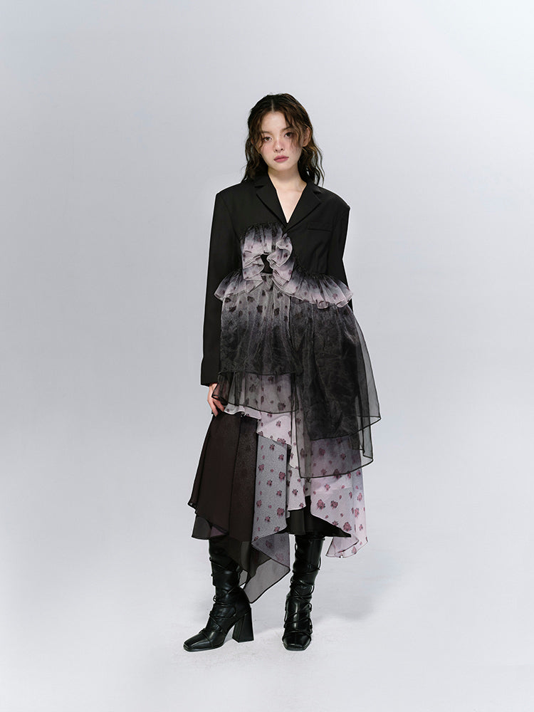 CIFFON Gradation Asymmetry Flower Blouse & ONE-PIECE