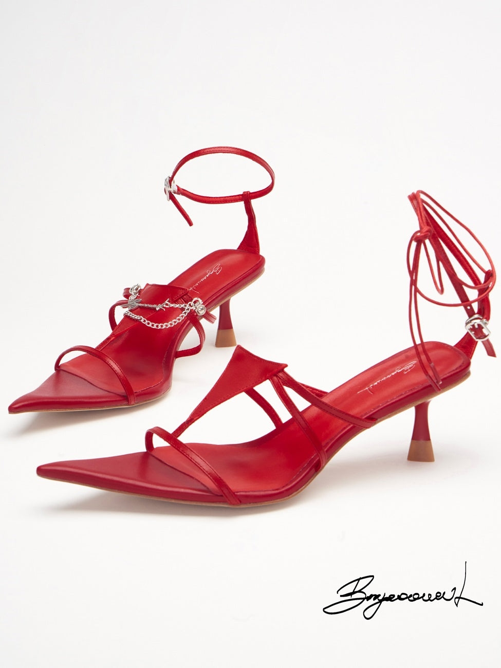 Lace-Up Chain Low-Heel Pointed-Toe Sandal