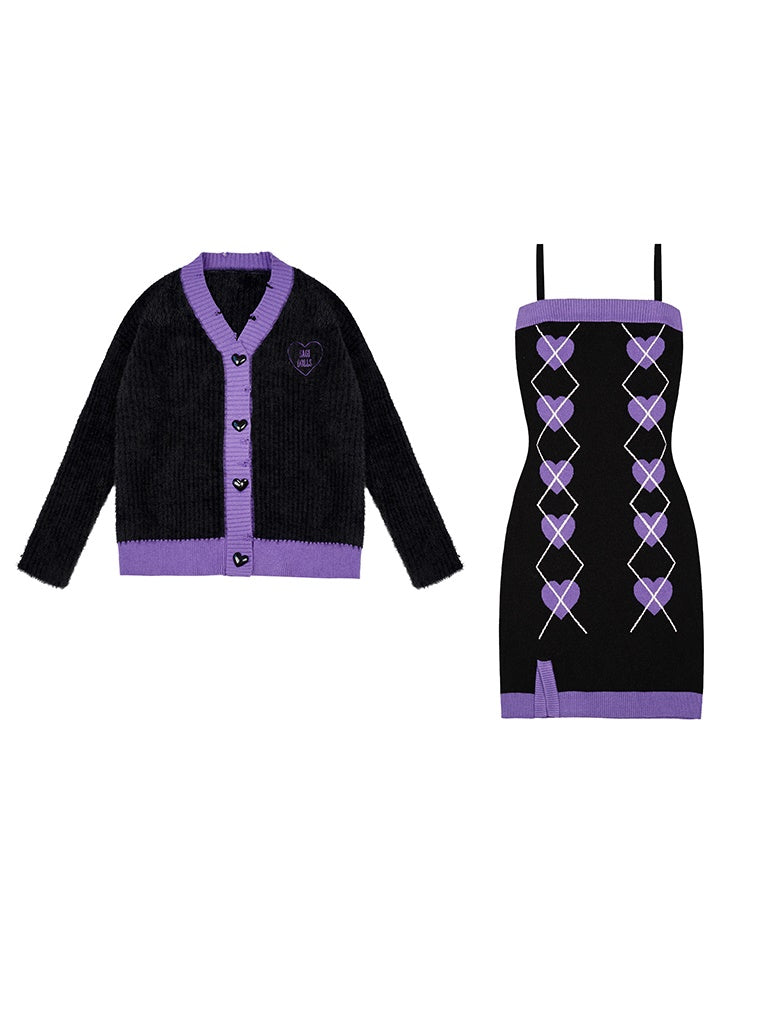 Knit Heart Cardigan & One-Piece Set-UP