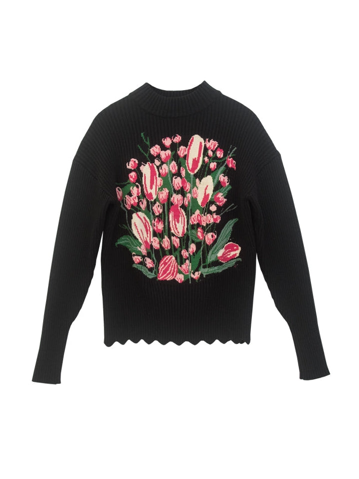 Tulip Pattern Half Turtreneck Loose Sweater